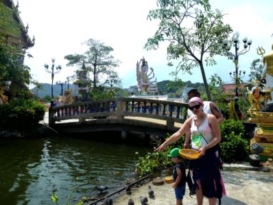 Fische füttern im Wat Plai Leam